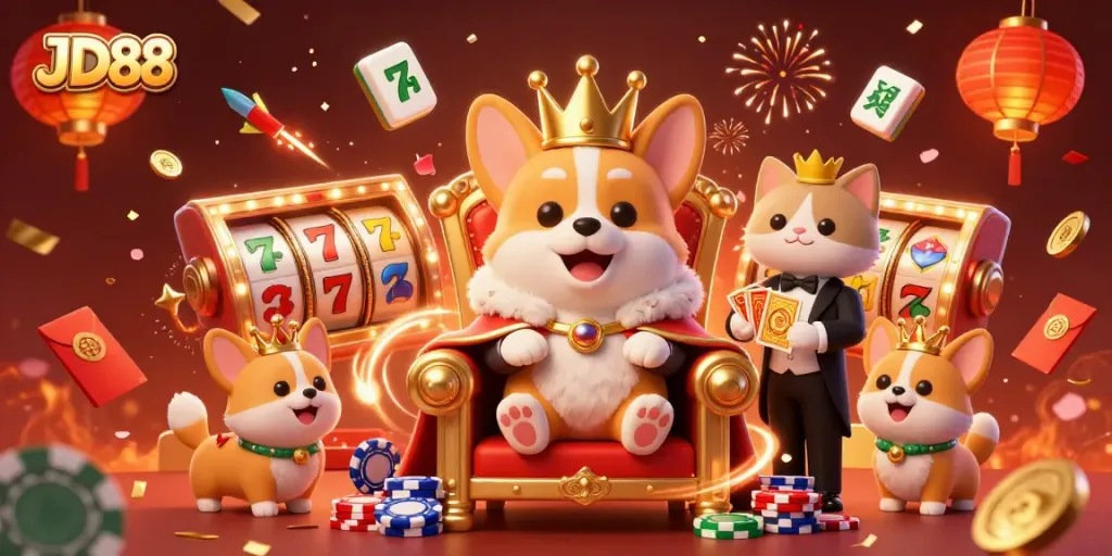 Play and win big at JD88 with an illustration of festive 3D casino characters surrounded by vibrant gaming elements.