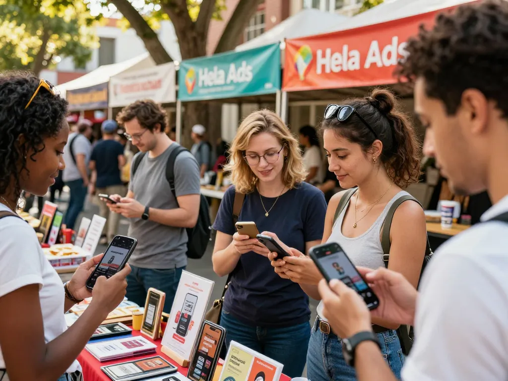 Engaging marketplace scene illustrating users interacting with Hela Ads on their smartphones amid local vendors and vibrant community.