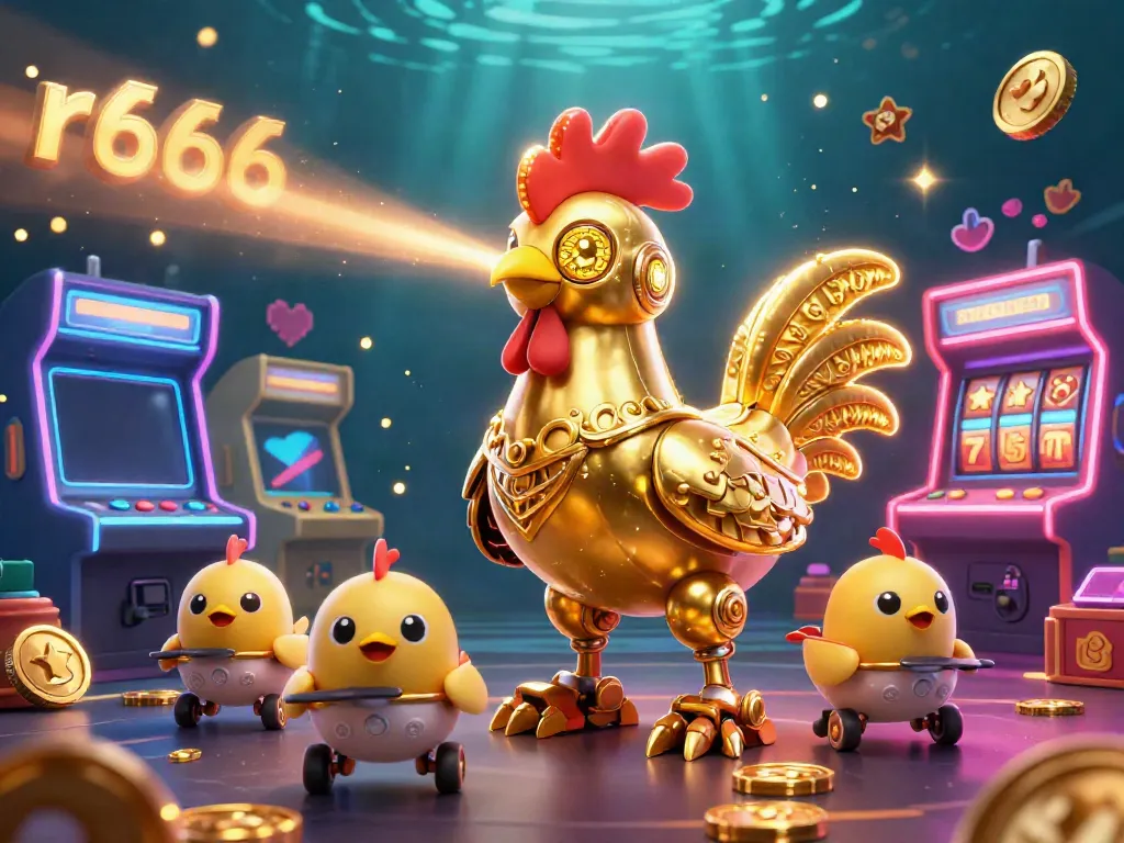 Engage with r666's thrilling casino adventure featuring a golden rooster robot and arcade-style games.