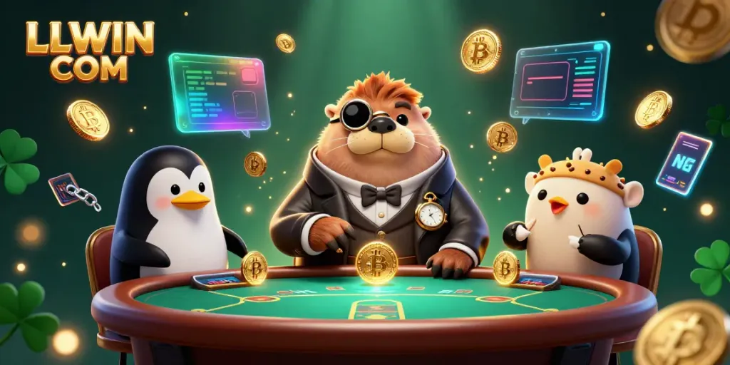 Join the underwater poker table at LLWIN COM with exciting characters, Bitcoin coins, and vibrant casino elements.