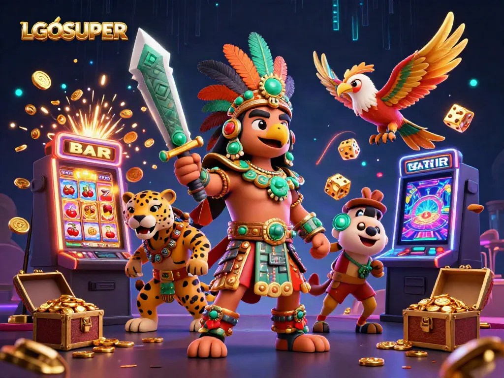 Experience LGOSUPER's thrilling slots with vibrant characters, golden coins, and bonus game excitement.