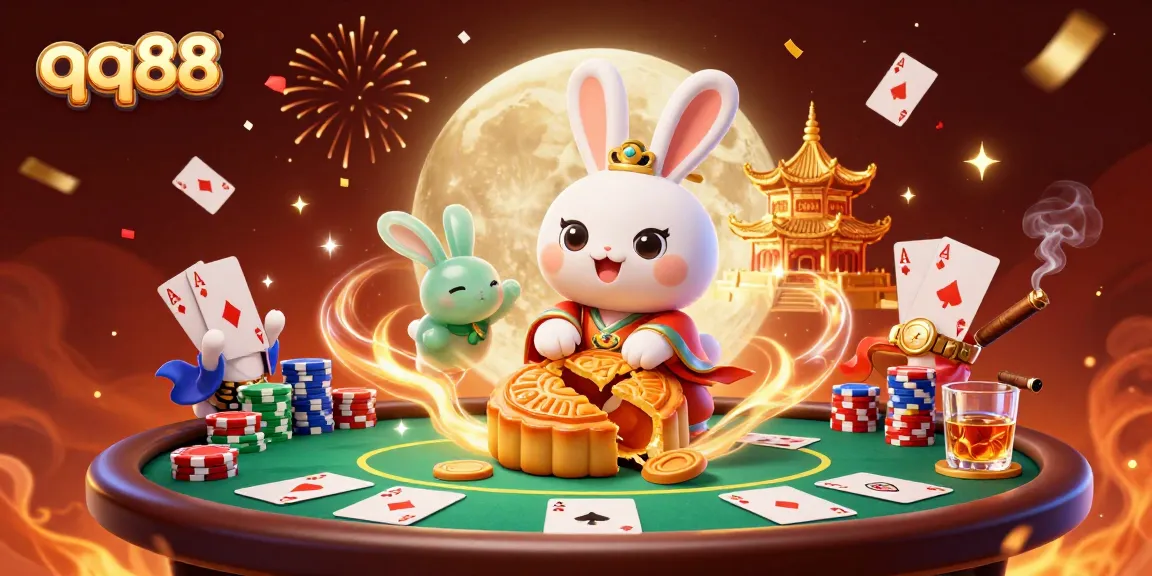qq88 showcases an enchanting casino scene with a moon rabbit revealing poker chips, symbolizing winning payouts.