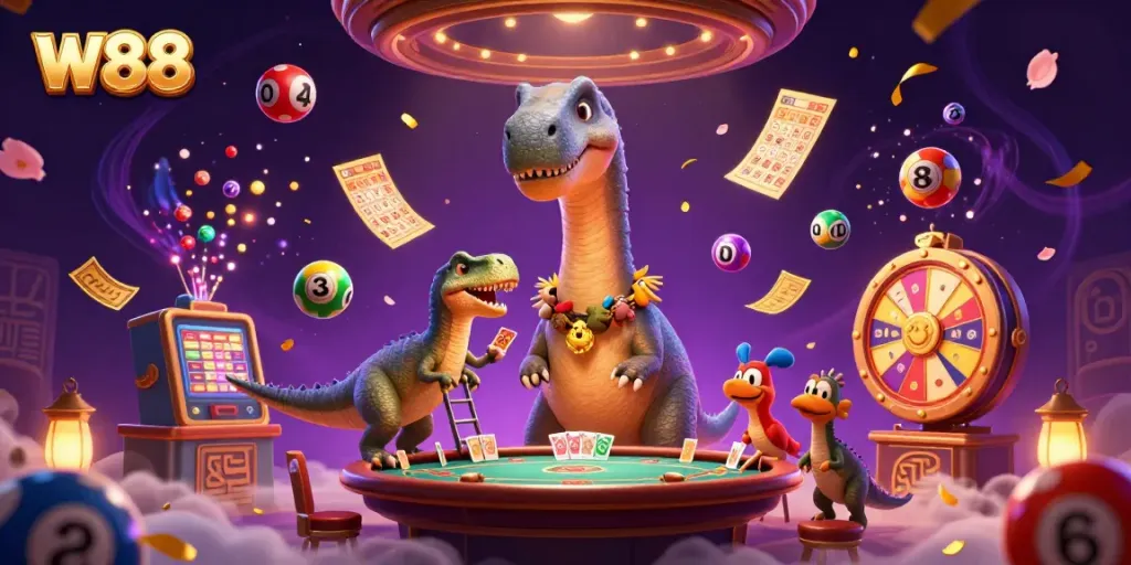 W88 casino illustration showing a giant brontosaurus dealing cards, capturing vibrant gambling excitement