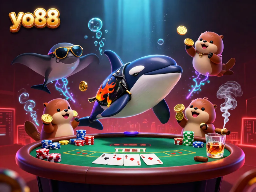 Engage with yo88 by witnessing dynamic gameplay featuring a cartoon orca, stingray, and otters amidst poker elements.