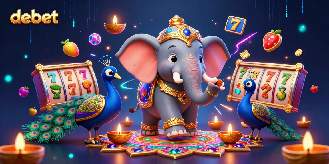 Bet on debet with vibrant slot reels and a festive elephant in a lively casino scene.