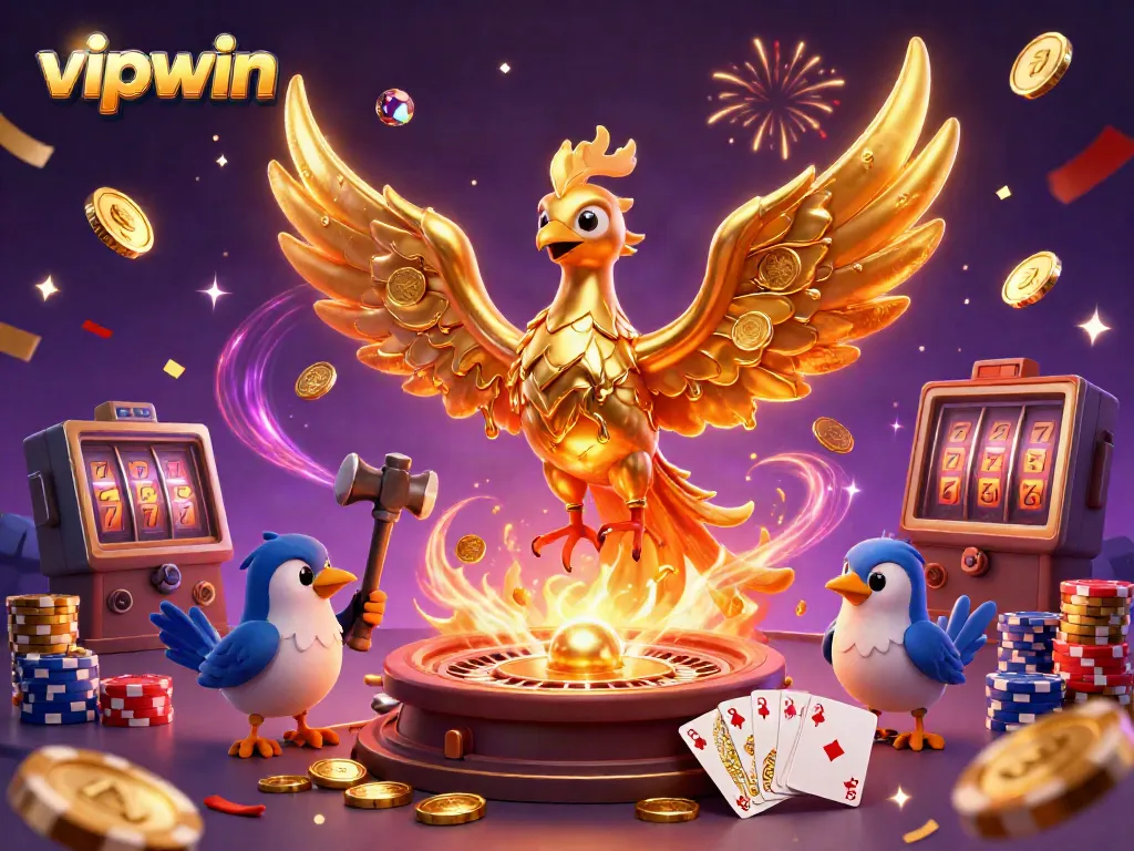 Experience the vibrant world of vipwin with a golden phoenix and casino elements.