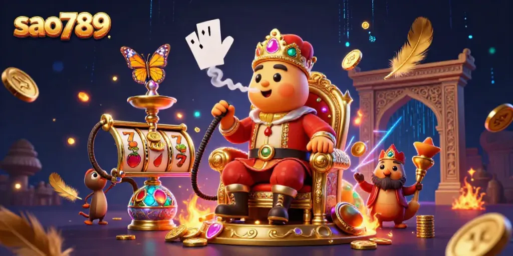Engage with the thrilling world of sao789 featuring a whimsical 3D caterpillar master and dynamic casino symbols.