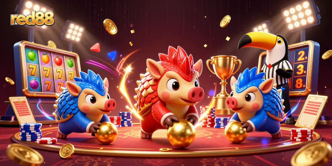 Experience thrilling gaming action with red88 as rival pangolins compete in a vibrant casino scene.