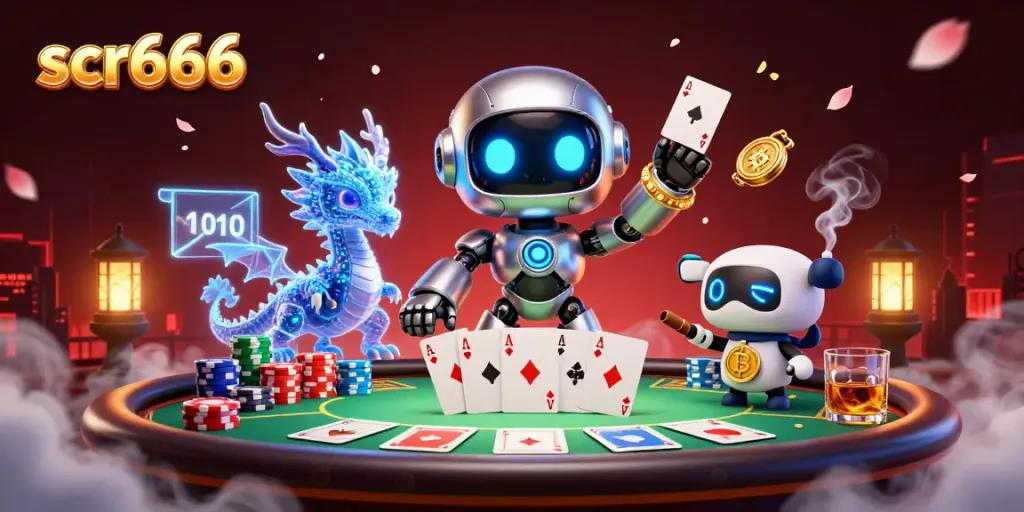 Join the excitement at scr666 as a cartoon robot and AI companions celebrate winning at a poker table!