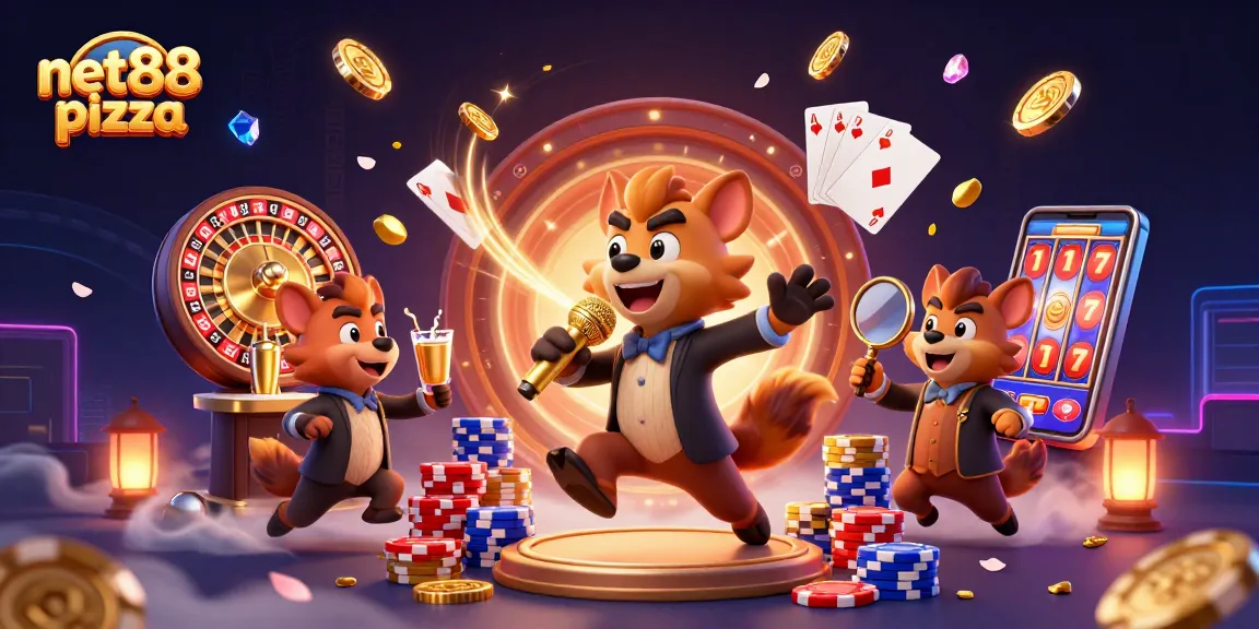 Net88 pizza comedy casino scene with hyenas in dynamic, colorful 3D setting.