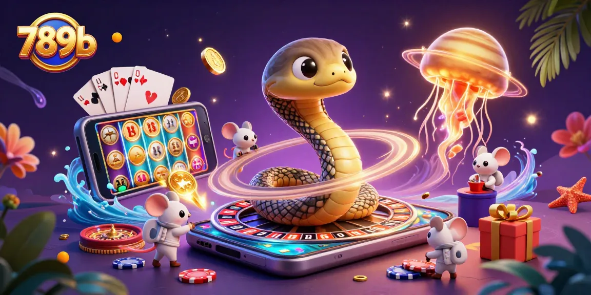 Engage in thrilling casino action with 789b as the cosmic dealer, featuring snakes and mice around a roulette wheel.
