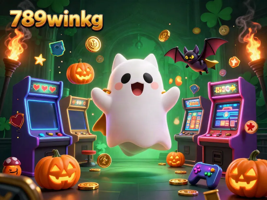 Experience thrilling gameplay at 789winkg featuring a ghost cat and arcade elements in a haunted casino.