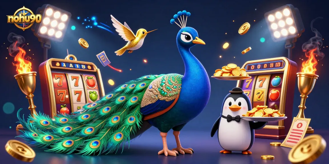 Spin the reels with nohu90's vibrant slots, featuring a peacock, penguin, and hummingbird.