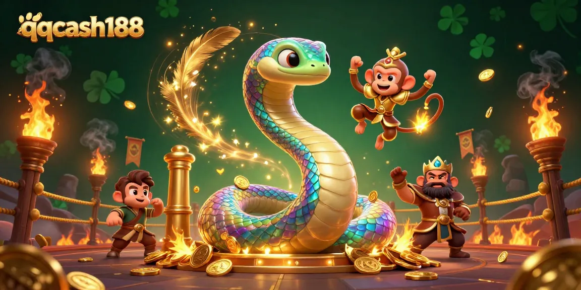 Experience the excitement at qqcash188 with a vibrant 3D casino scene featuring a rainbow serpent and monkey king.