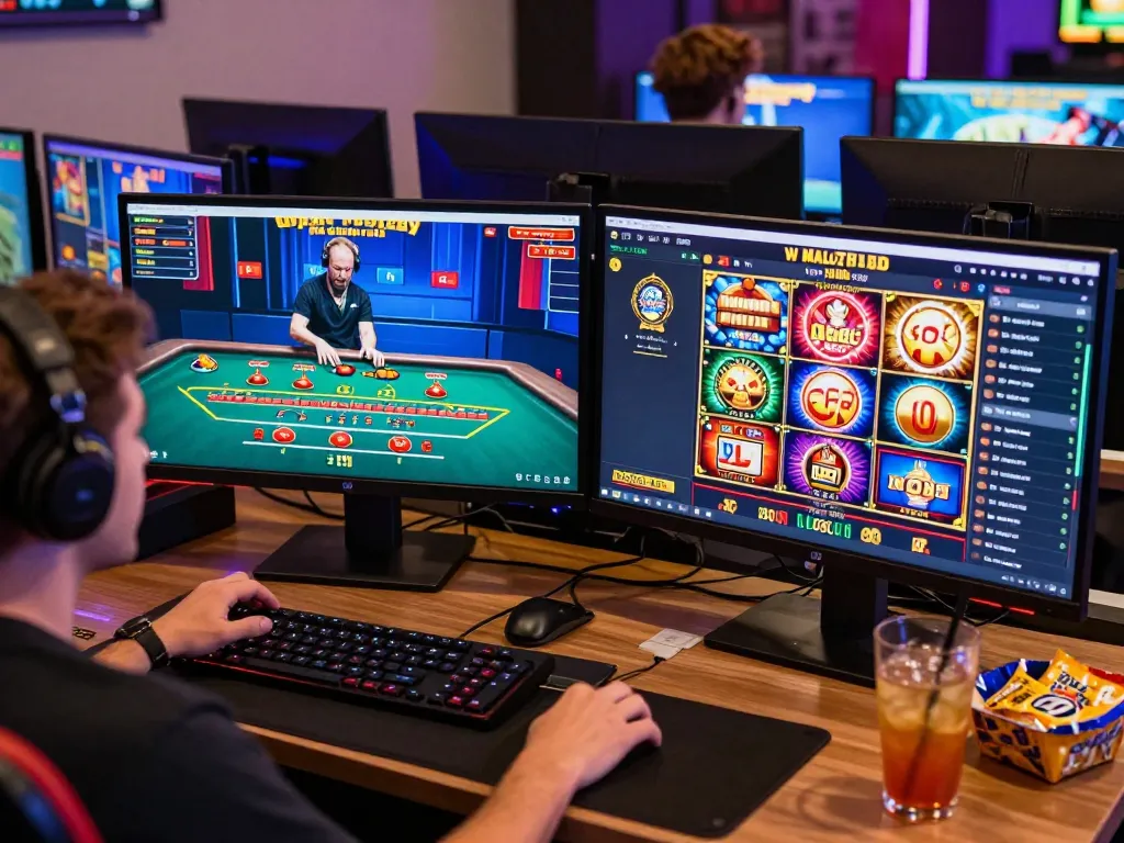 IWIN user engaging in multiple casino games from their home setup, showcasing a vibrant online gambling atmosphere.
