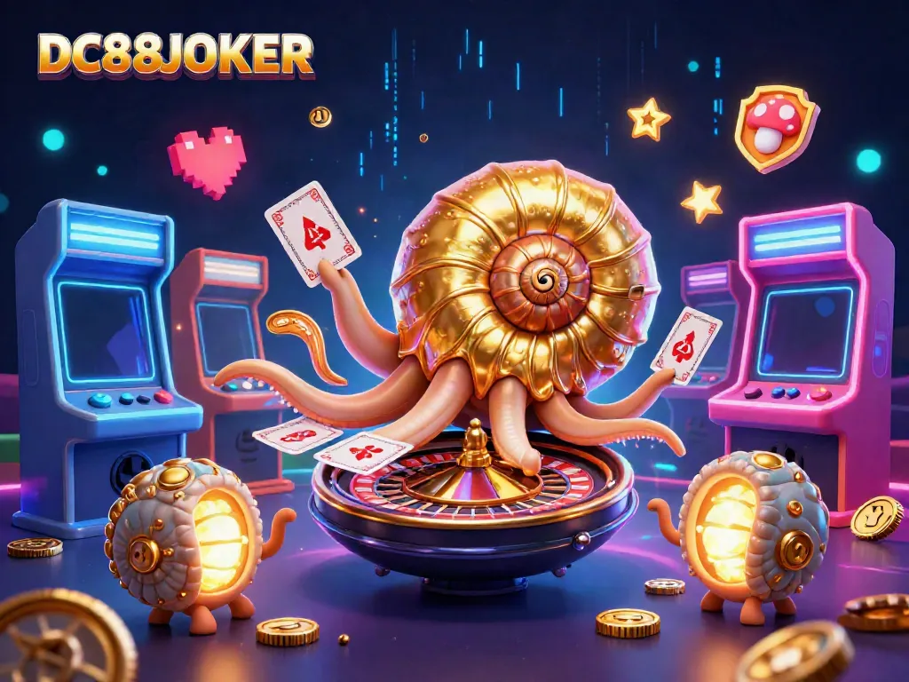 Engage with DC88JOKER in a vibrant cartoon casino scene featuring a giant nautilus and arcade elements.