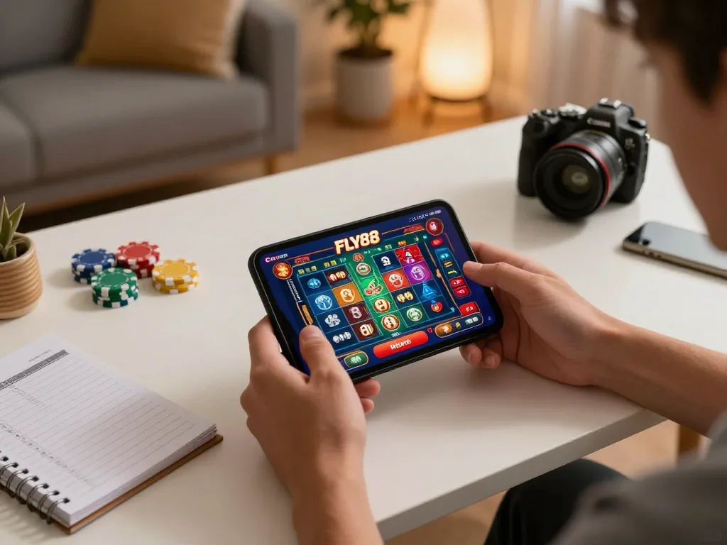 Engaging with the FLY88 casino app showcasing betting options in a cozy home setting.