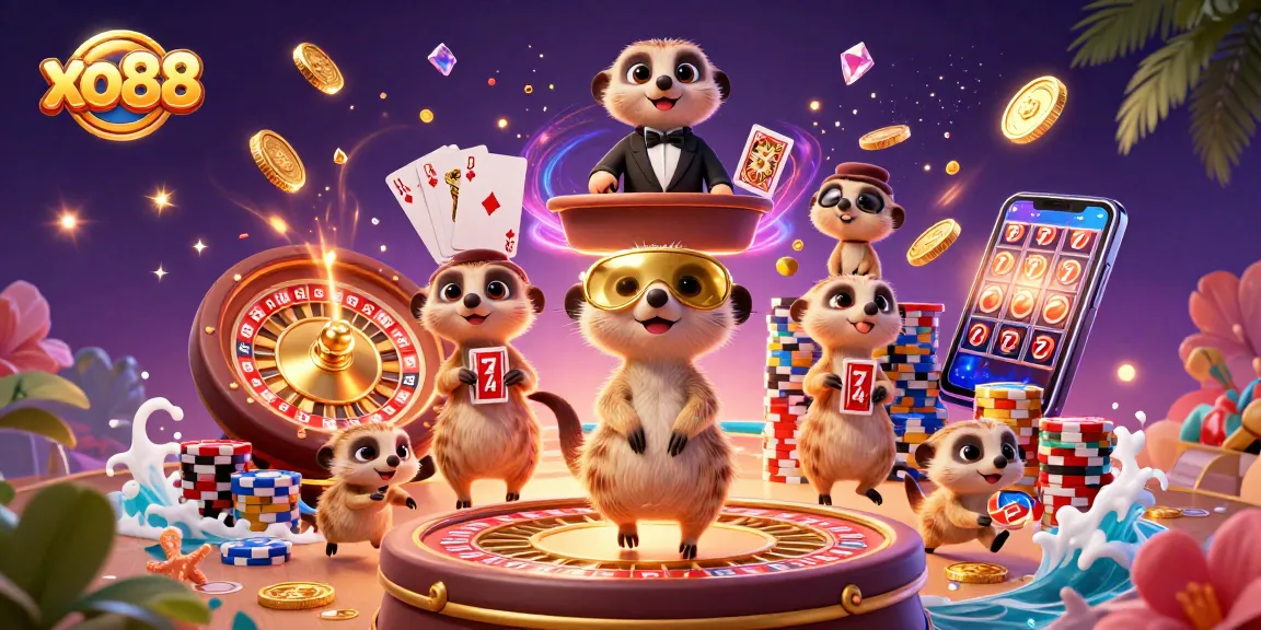 Watch the meerkats of xo88 orchestrating a vibrant casino scene with games and treasures.