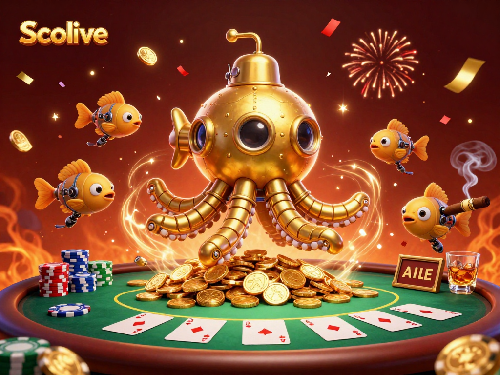 Socolive showcases thrilling poker action with a golden kraken submarine and coins.