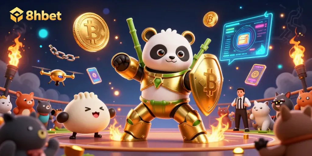Experience thrilling action at 8xbet, where the golden panda battles for glory amid vibrant gaming elements.