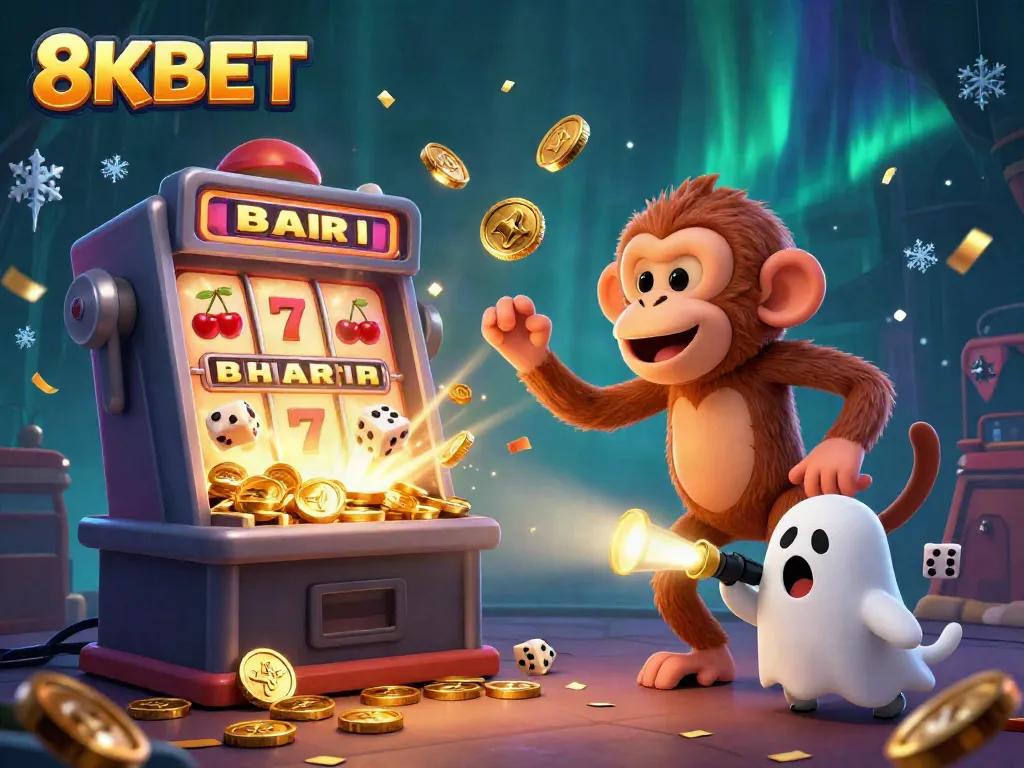 Experience thrilling moments at 8KBET with a vibrant 3D casino scene featuring a juggling monkey and light beams.