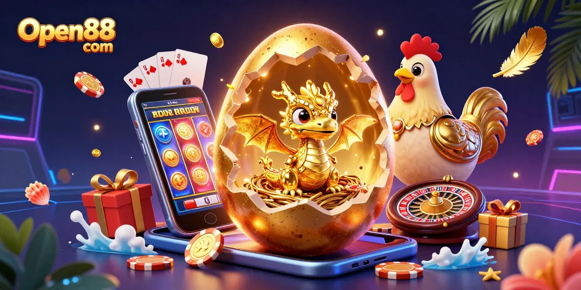 Engage with thrilling games at Open88 com featuring a golden baby dragon and poker chips amidst vibrant casino elements.