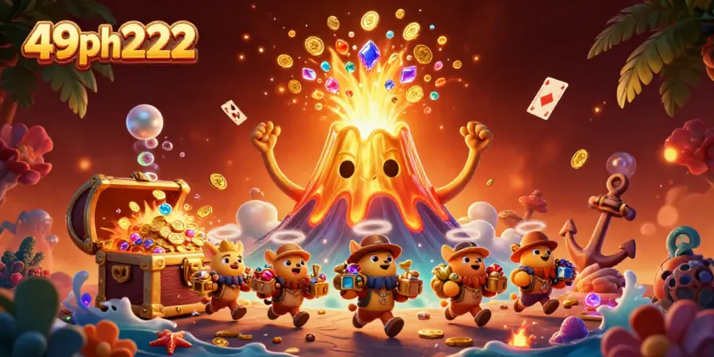 Play thrilling games at 49ph222 with vibrant treasures erupting from a golden volcano.