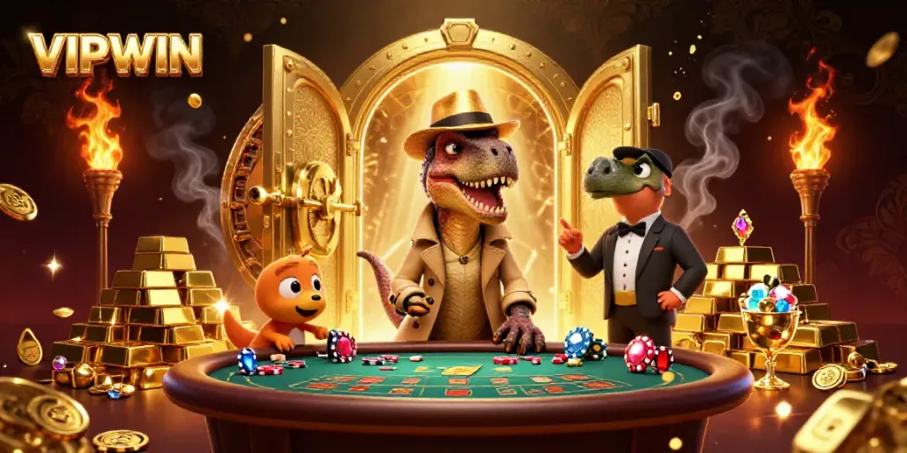 VIPWIN game scene with a velociraptor card counter at a blackjack table amidst golden casino elements.