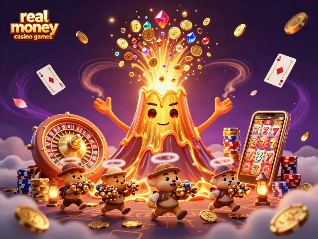 Win big with real money casino games, featuring a dynamic golden volcano, treasure, and spinning roulette!