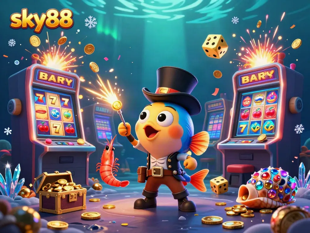 Experience the thrill of sky88 with a captivating underwater casino scene featuring an anglerfish, pirate shrimp, and treasure snail.