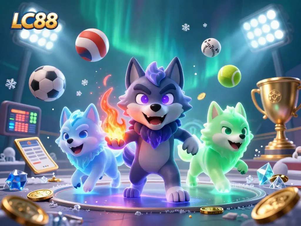 Experience thrilling action with LC88 in a dynamic casino atmosphere featuring wolves and sports elements.