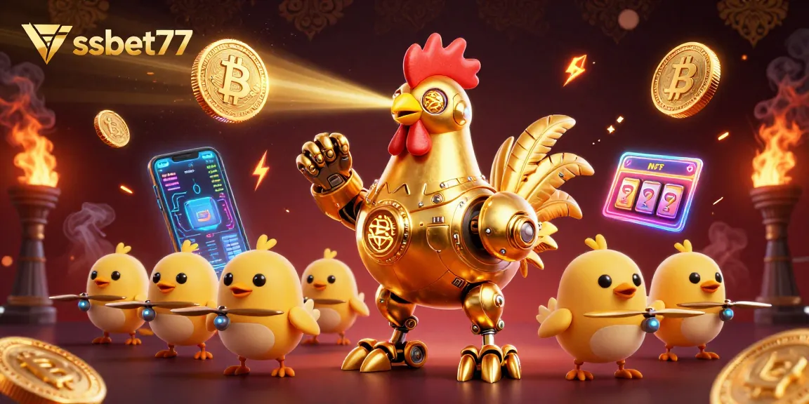 Experience the excitement of ssbet77 with golden rooster robots in a vibrant casino scene.