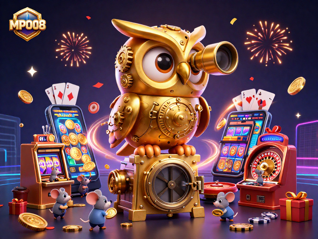 MPO08 players engaging with a vibrant slot game surrounded by festive casino elements.