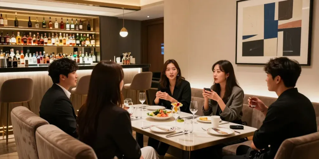 강남구구단 쩜오의 고급스러운 독립 룸에서의 우아한 모임 모습