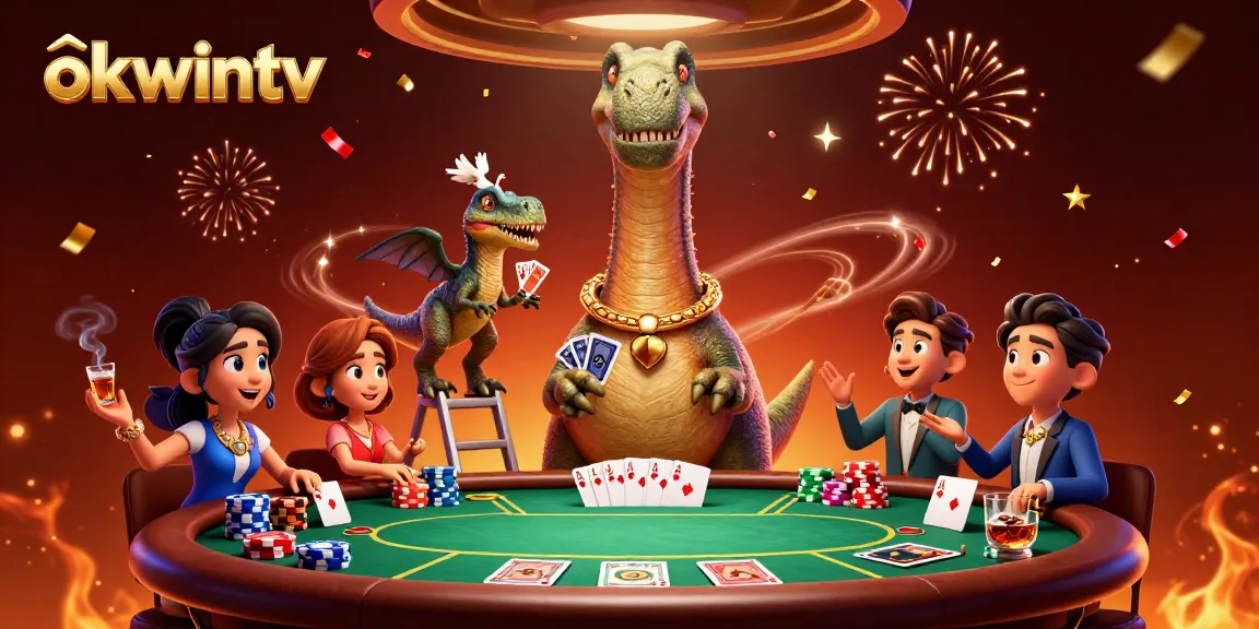 Experience thrilling poker action with okwintv's vibrant casino scene featuring a towering brontosaurus!
