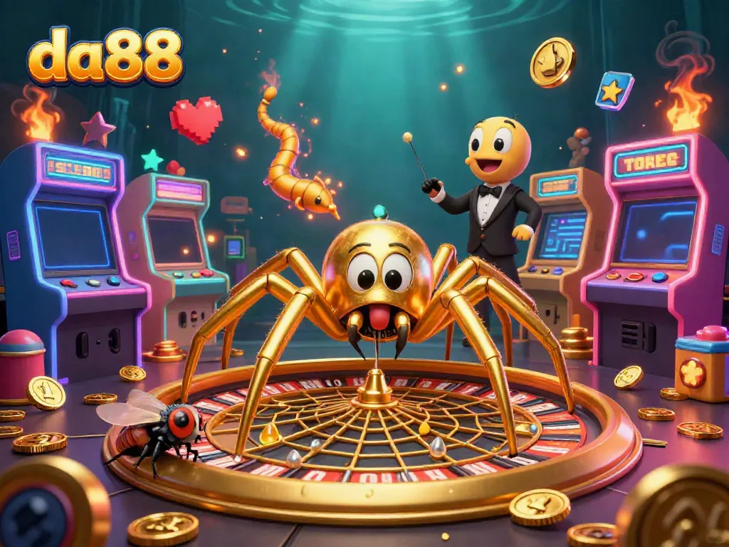 Experience the thrill of da88 with a golden spider captivating a roulette wheel while a fly bets nervously.