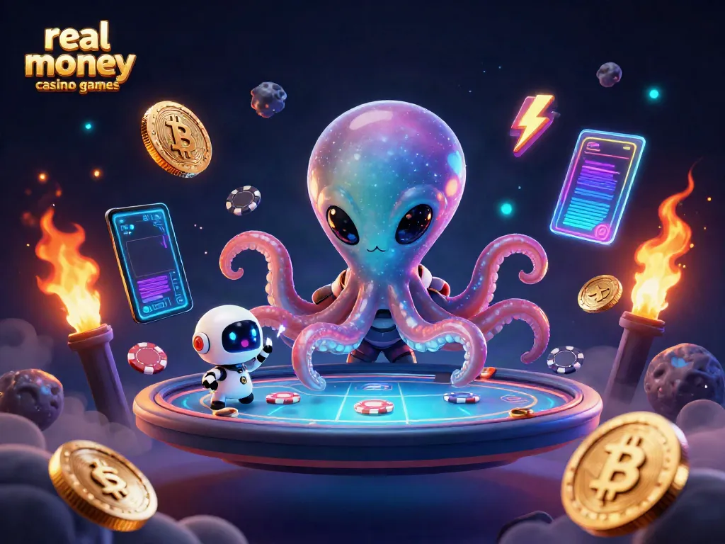 Engage in real money casino games with a space octopus and robot at a holographic poker table.