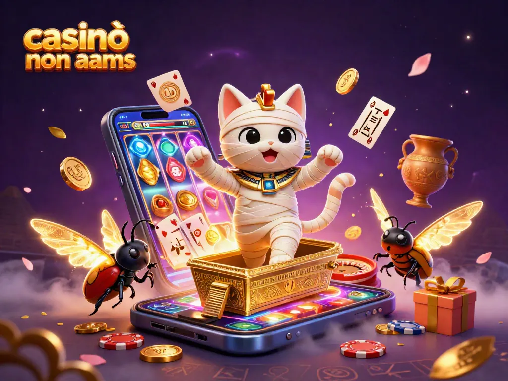 Gioca nei migliori casinò online non AAMS con il gatto mummia e scarabeo dorato in un'illustrazione vivace.