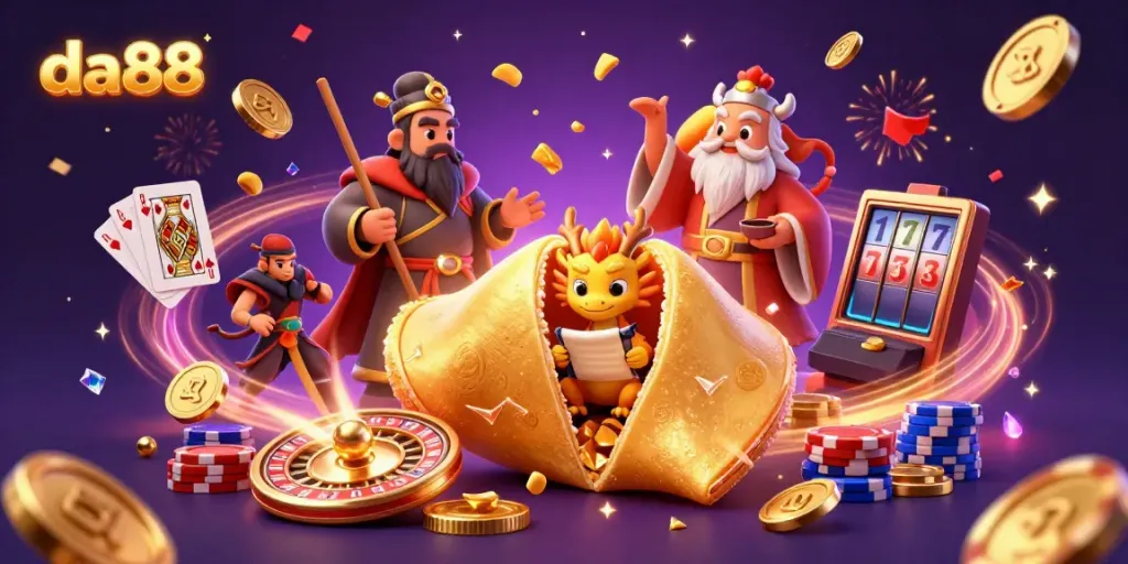 Experience the excitement of da88 with golden coins, fortune cookies, and vibrant casino elements.