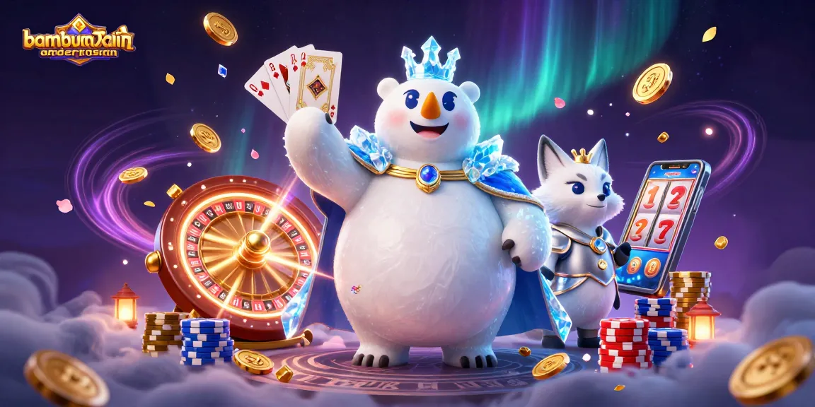 Bambumodernasian's vibrant gaming scene with the ice king bear and snow fox amidst coins and cards.