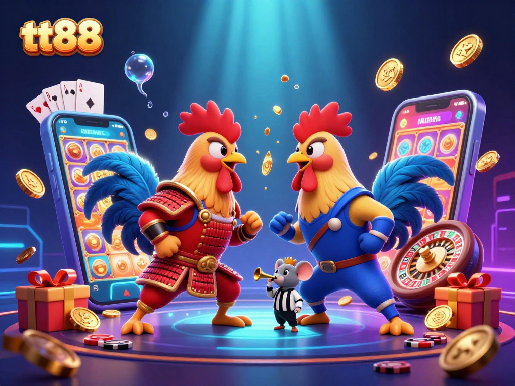 Experience thrilling moments at tt88 with an epic rooster showdown amidst vibrant casino elements.