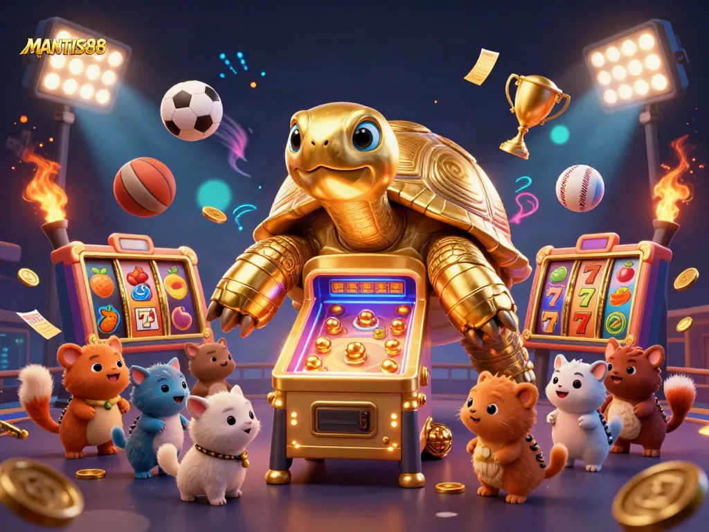 MANTIS88 showcases a vibrant golden tortoise pinball scene with delightful gaming elements.