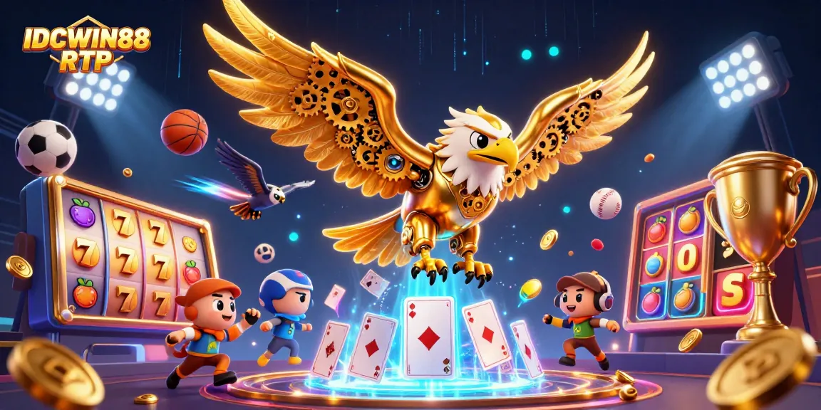 Experience the excitement of gambling with IDCWIN88 RTP in a vibrant 3D illustration featuring a golden eagle and dynamic game elements.
