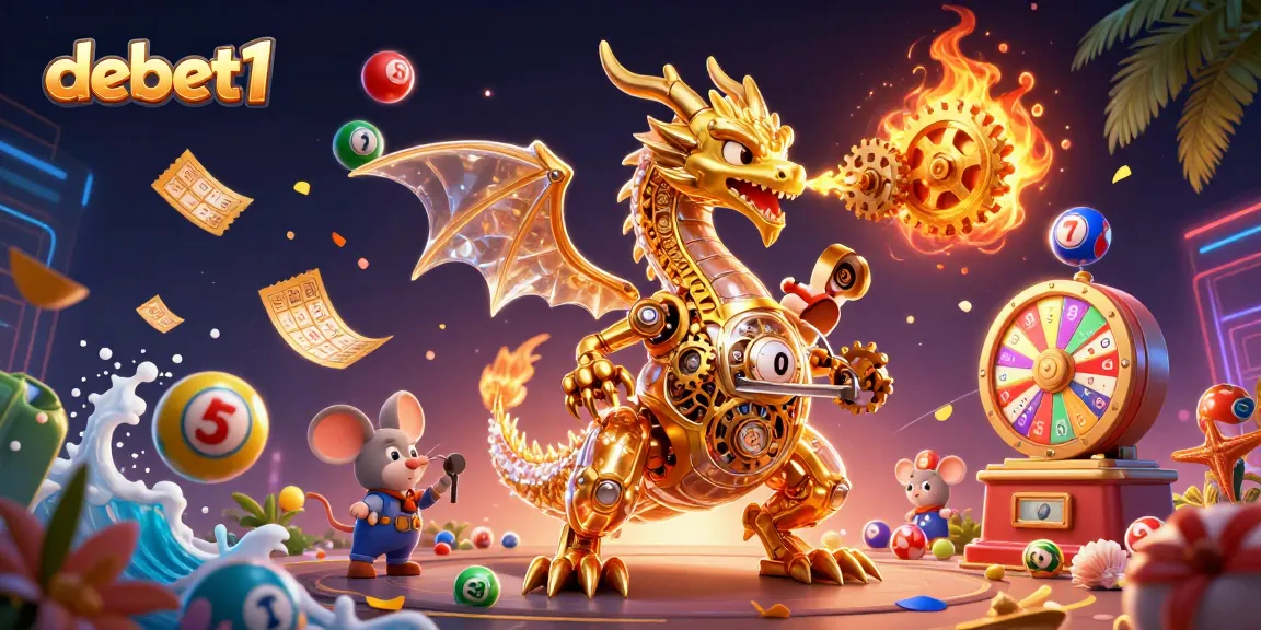 Join the excitement with debet1's vibrant lottery scene featuring a golden dragon and colorful balls.