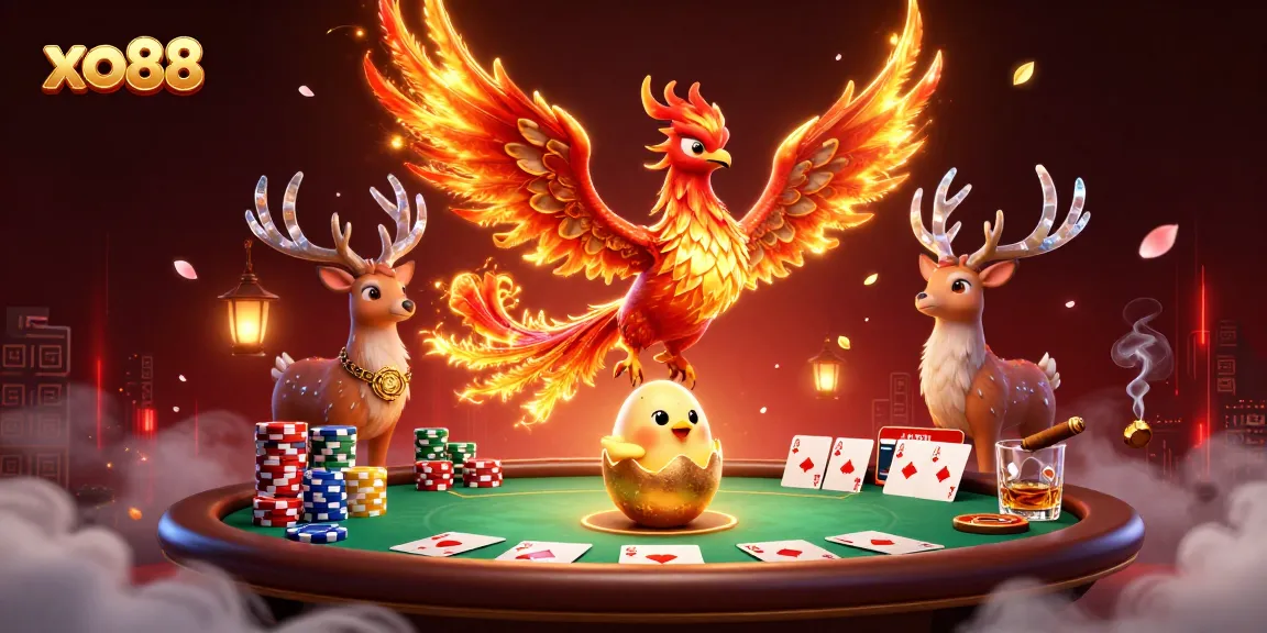 Experience excitement at xo88 with 3D phoenix and poker elements in vibrant casino scene