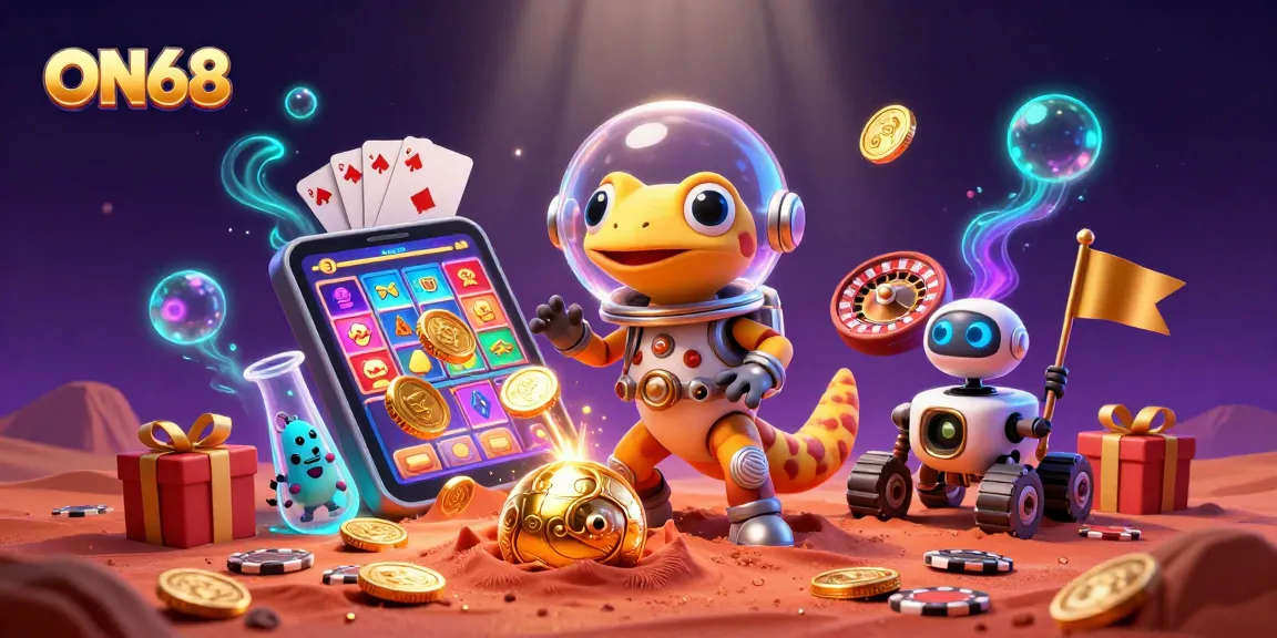 ON68 reveals a stunning casino scene with excited characters, dynamic games, and vibrant colors.