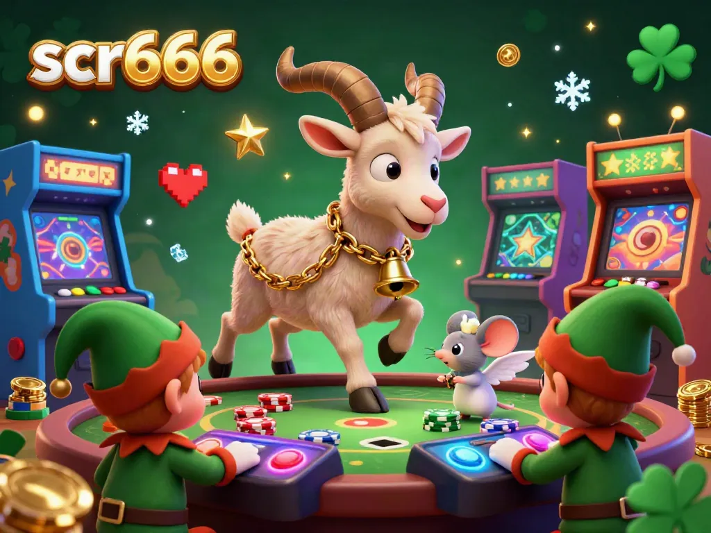 Experience the festive chaos in a holiday-horror casino scene featuring scr666, with characters stealing poker chips.
