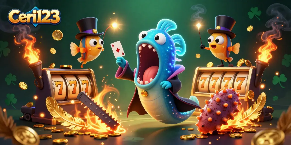 Ceri123 offers exhilarating gambling action with animated characters performing magic tricks and slot reels in a vibrant casino setting.