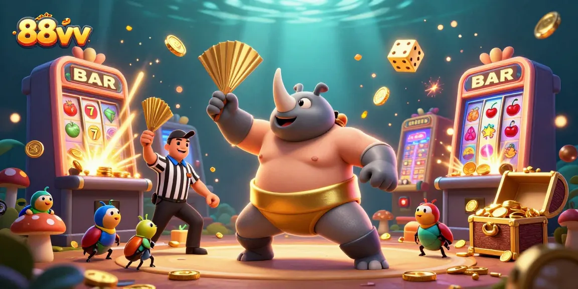 88vv highlights thrilling casino excitement with a sumo beetle champion amidst jackpot winnings and game elements.
