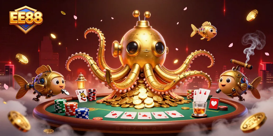 Experience EE88 with a vibrant 3D scene showcasing thrilling poker action surrounded by golden treasures.